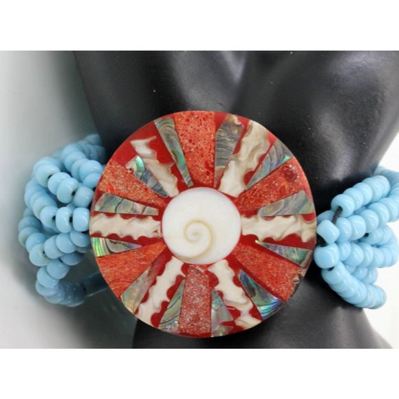 Orange sponge coral, abalone, MoP, operculum shell turquoise blue bead bracelet - Picture 1 of 7